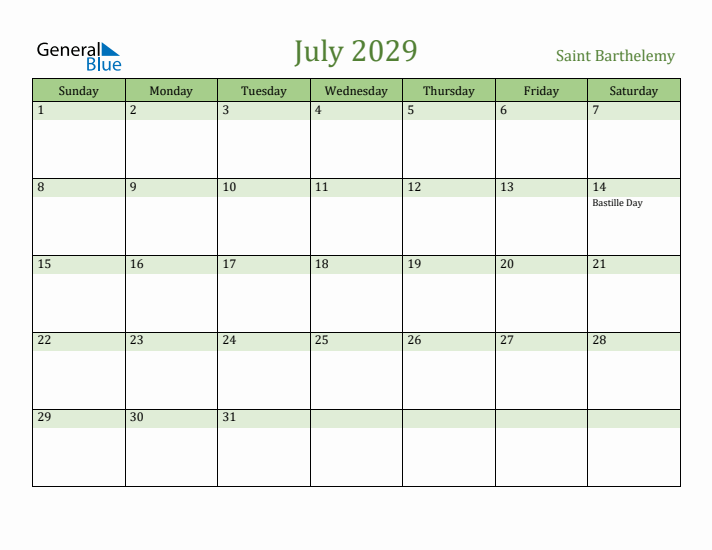 July 2029 Calendar with Saint Barthelemy Holidays