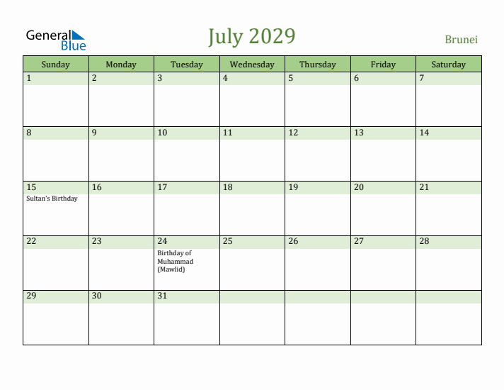 July 2029 Calendar with Brunei Holidays