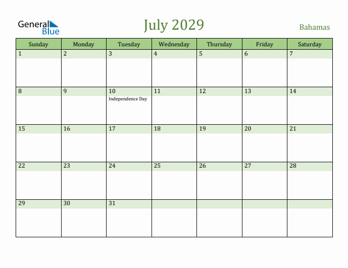 July 2029 Calendar with Bahamas Holidays