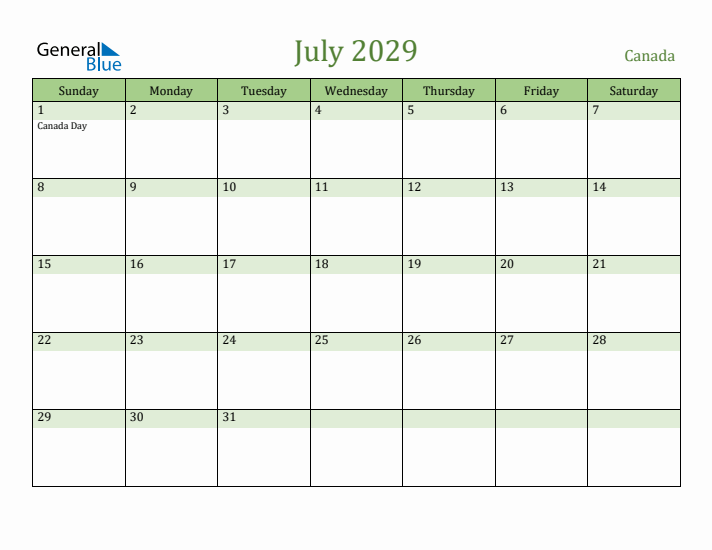 July 2029 Calendar with Canada Holidays