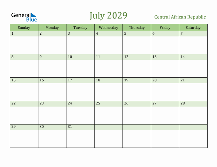 July 2029 Calendar with Central African Republic Holidays