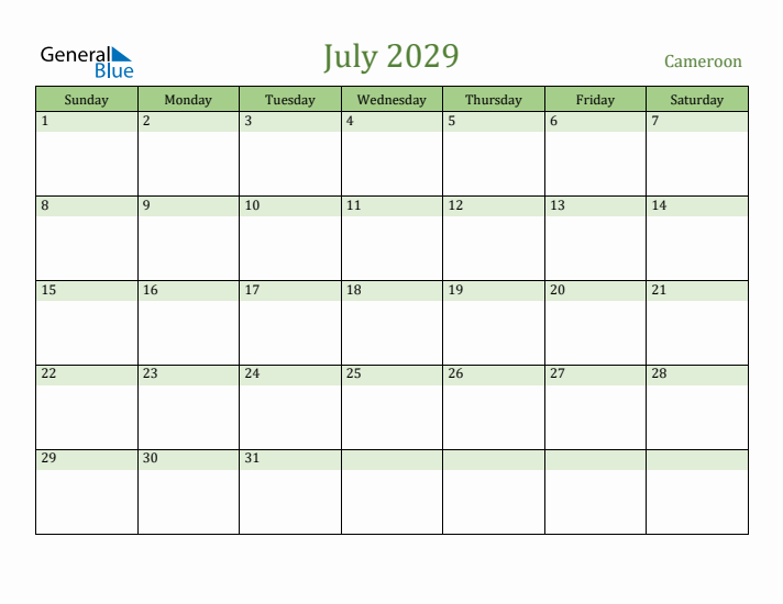 July 2029 Calendar with Cameroon Holidays
