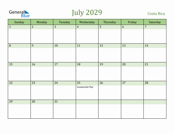 July 2029 Calendar with Costa Rica Holidays