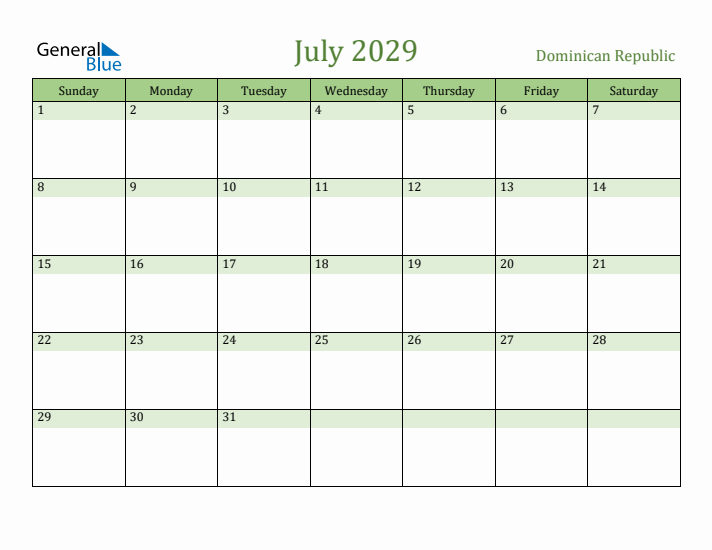 July 2029 Calendar with Dominican Republic Holidays