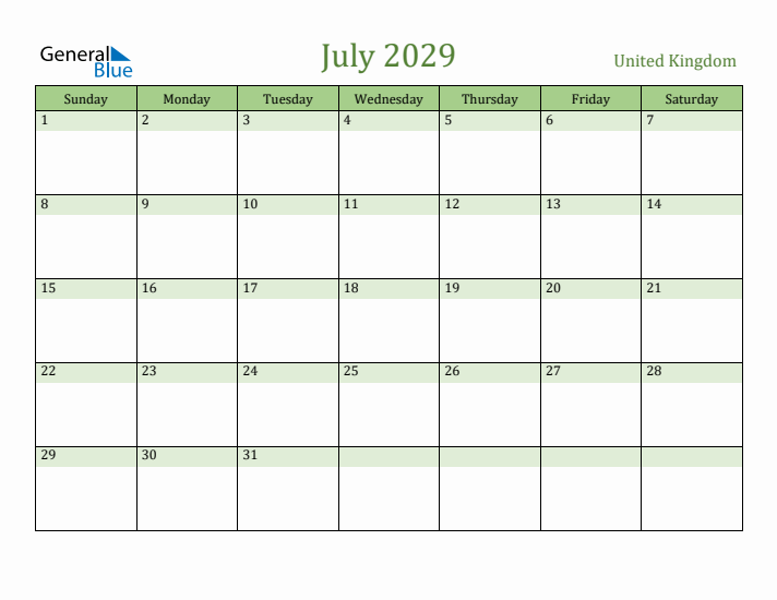 July 2029 Calendar with United Kingdom Holidays