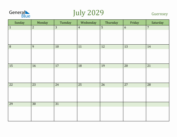 July 2029 Calendar with Guernsey Holidays