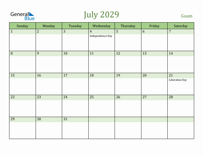 July 2029 Calendar with Guam Holidays