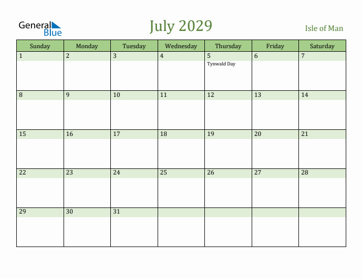 July 2029 Calendar with Isle of Man Holidays