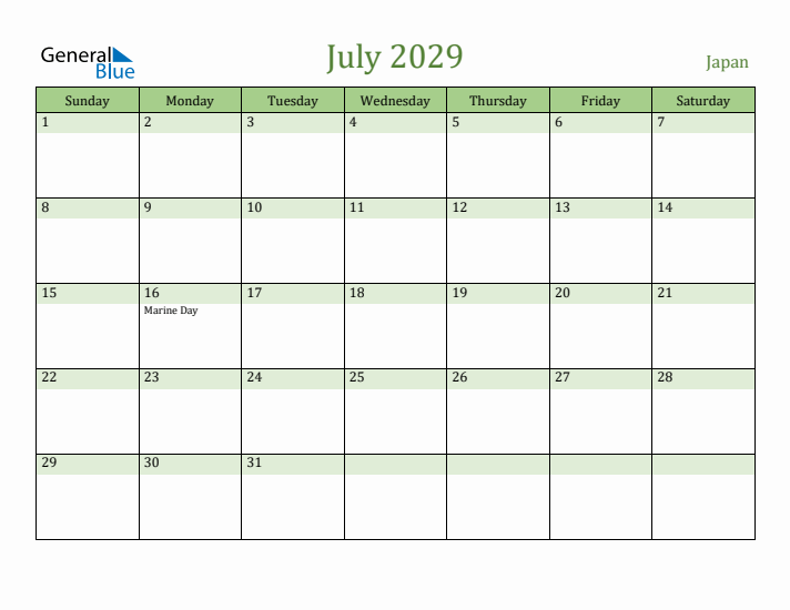 July 2029 Calendar with Japan Holidays