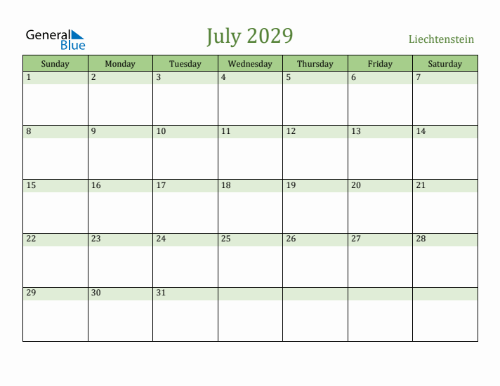 July 2029 Calendar with Liechtenstein Holidays