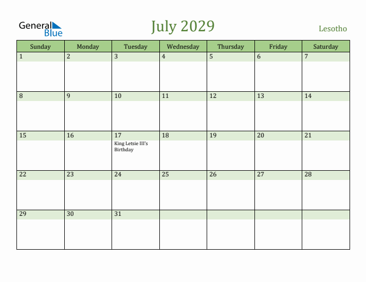 July 2029 Calendar with Lesotho Holidays