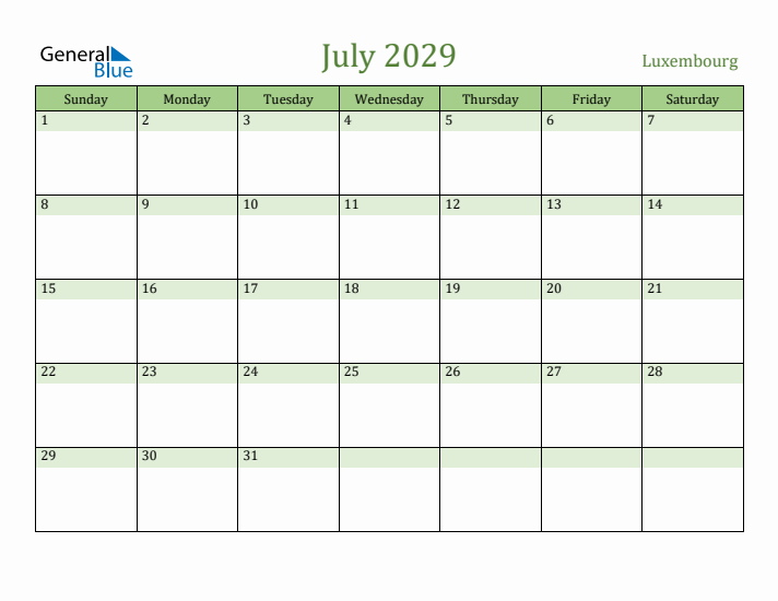 July 2029 Calendar with Luxembourg Holidays
