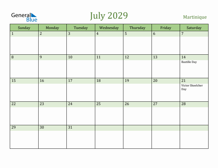 July 2029 Calendar with Martinique Holidays