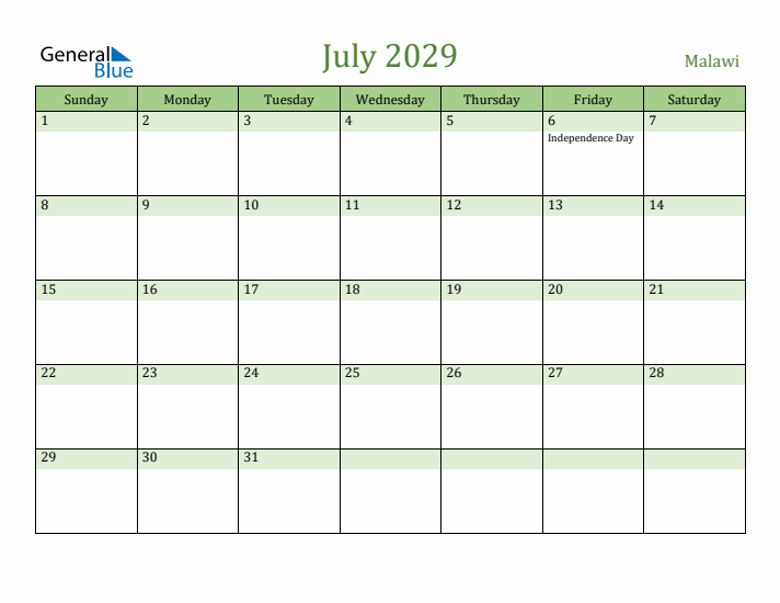 July 2029 Calendar with Malawi Holidays