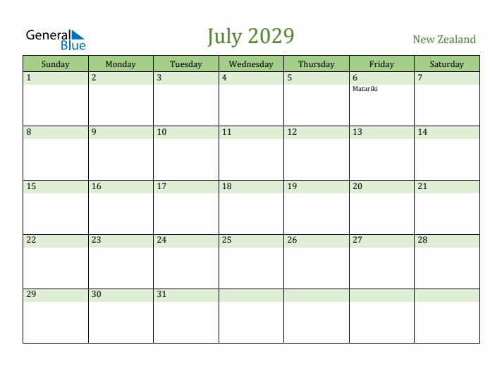 July 2029 Calendar with New Zealand Holidays