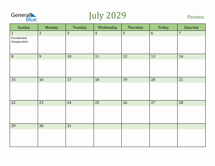 July 2029 Calendar with Panama Holidays