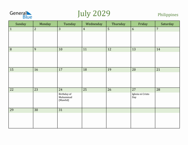 July 2029 Calendar with Philippines Holidays