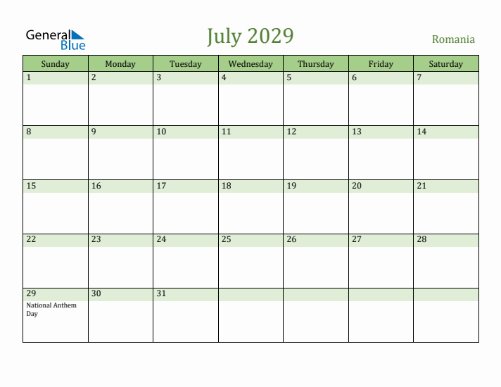 July 2029 Calendar with Romania Holidays