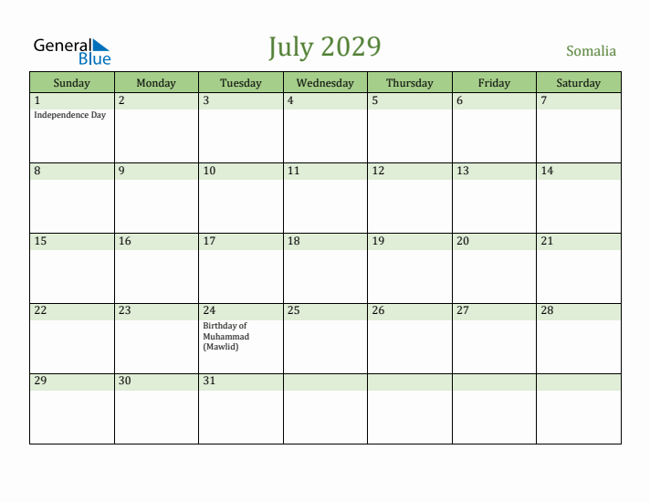 July 2029 Calendar with Somalia Holidays