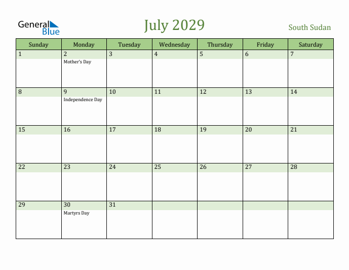July 2029 Calendar with South Sudan Holidays