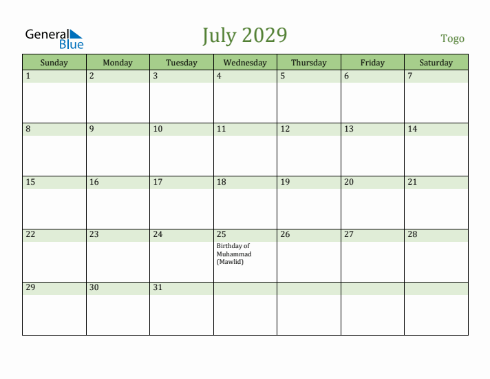 July 2029 Calendar with Togo Holidays