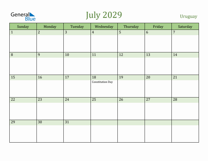 July 2029 Calendar with Uruguay Holidays