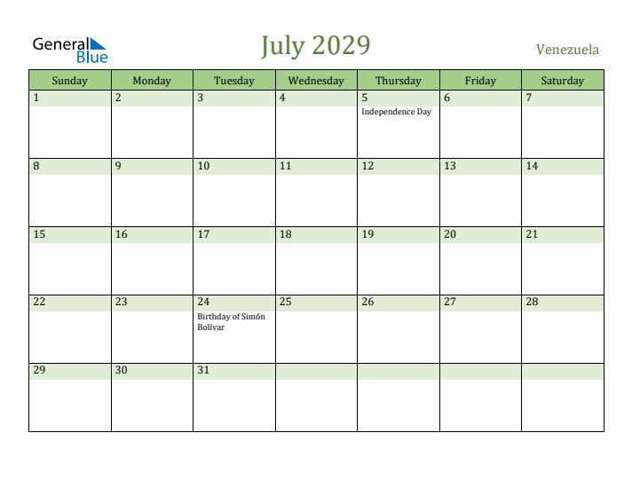 July 2029 Calendar with Venezuela Holidays