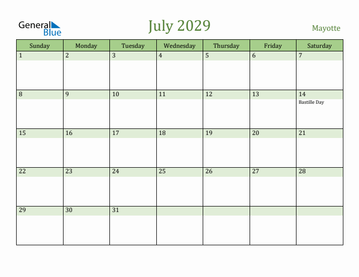 July 2029 Calendar with Mayotte Holidays