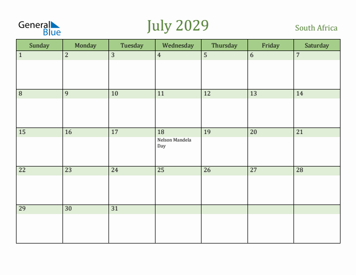 July 2029 Calendar with South Africa Holidays