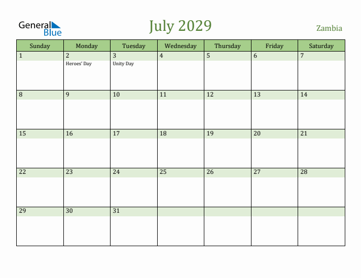 July 2029 Calendar with Zambia Holidays