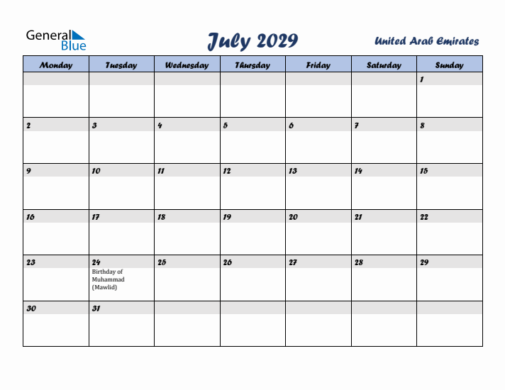 July 2029 Calendar with Holidays in United Arab Emirates