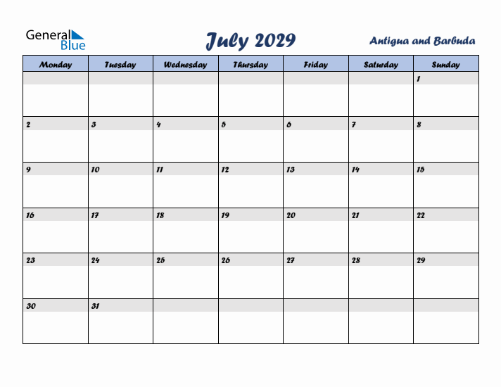 July 2029 Calendar with Holidays in Antigua and Barbuda