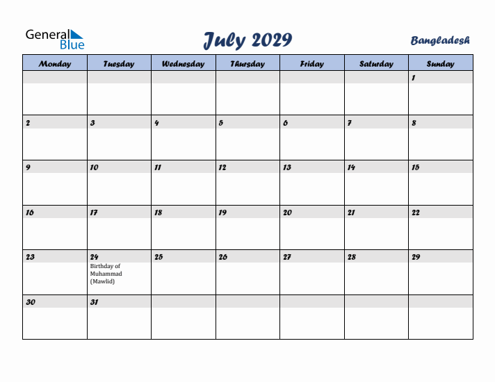 July 2029 Calendar with Holidays in Bangladesh