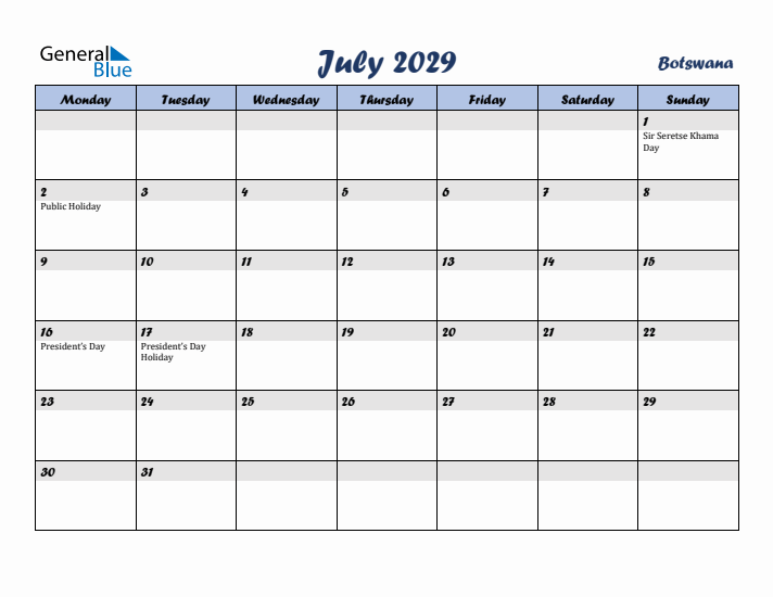 July 2029 Calendar with Holidays in Botswana