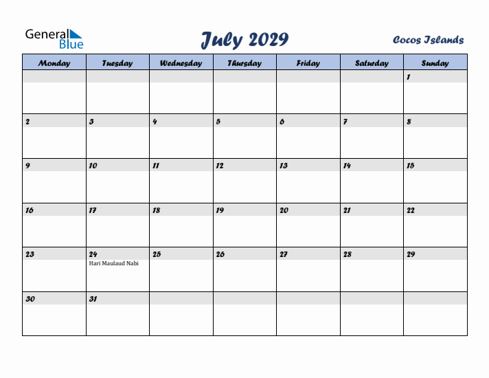July 2029 Calendar with Holidays in Cocos Islands