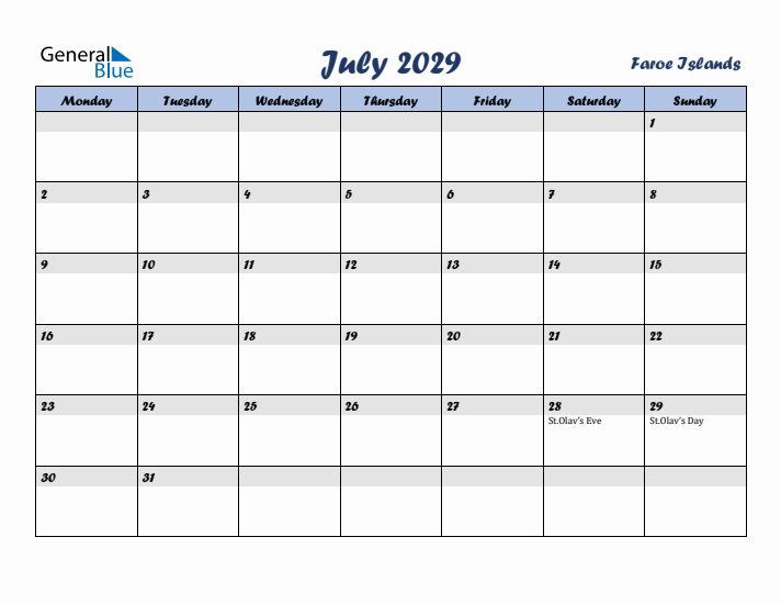 July 2029 Calendar with Holidays in Faroe Islands