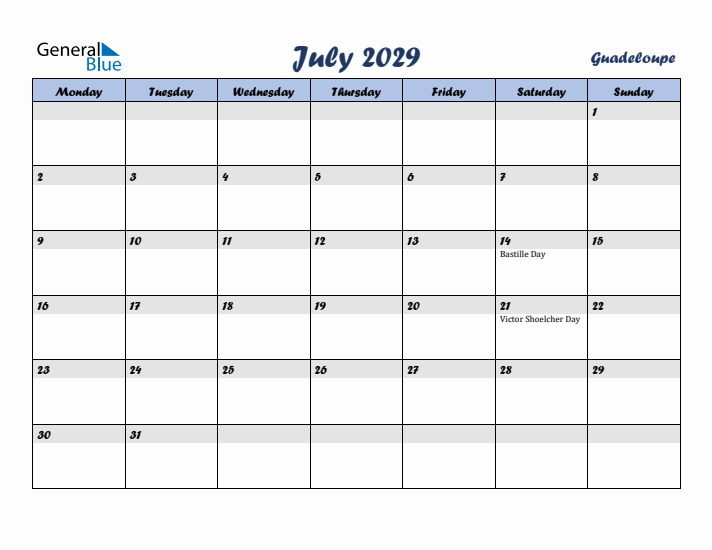 July 2029 Calendar with Holidays in Guadeloupe