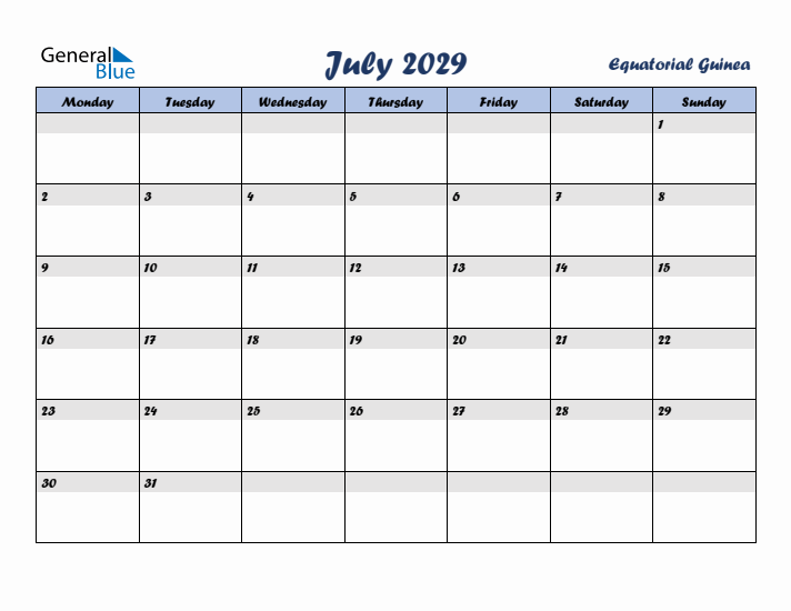 July 2029 Calendar with Holidays in Equatorial Guinea