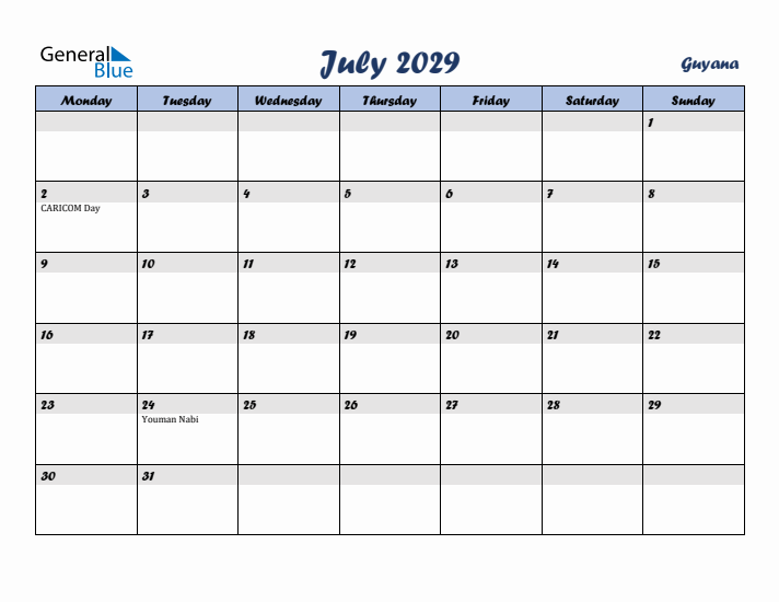 July 2029 Calendar with Holidays in Guyana