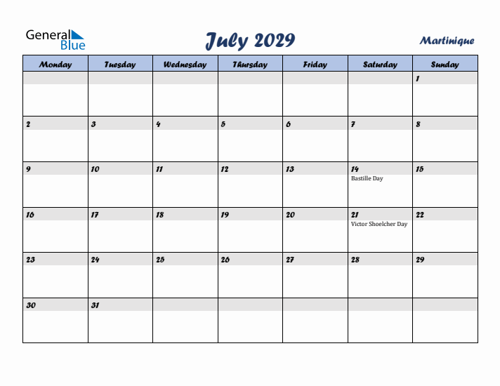 July 2029 Calendar with Holidays in Martinique