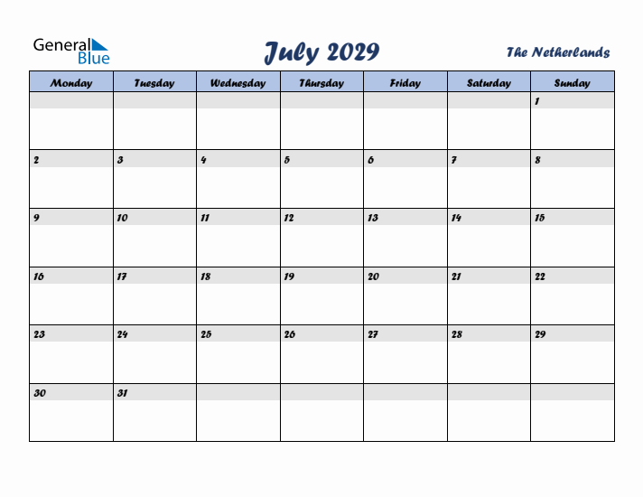July 2029 Calendar with Holidays in The Netherlands
