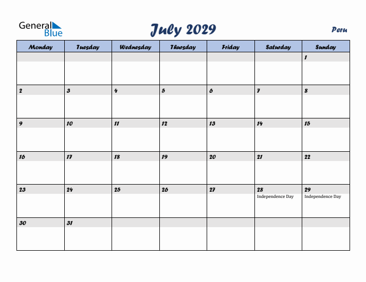 July 2029 Calendar with Holidays in Peru