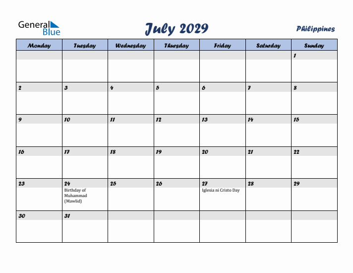 July 2029 Calendar with Holidays in Philippines