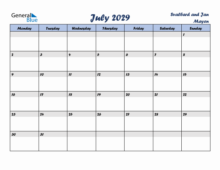 July 2029 Calendar with Holidays in Svalbard and Jan Mayen