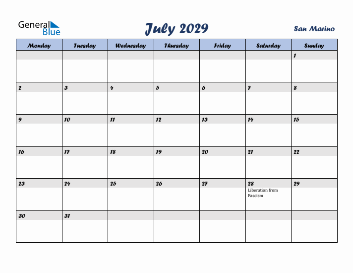 July 2029 Calendar with Holidays in San Marino