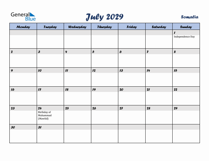 July 2029 Calendar with Holidays in Somalia