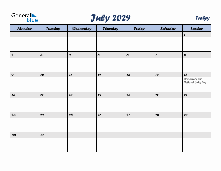 July 2029 Calendar with Holidays in Turkey