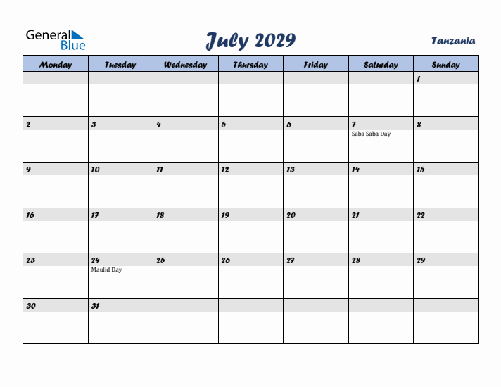 July 2029 Calendar with Holidays in Tanzania