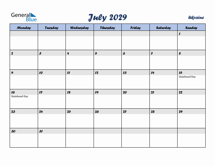 July 2029 Calendar with Holidays in Ukraine