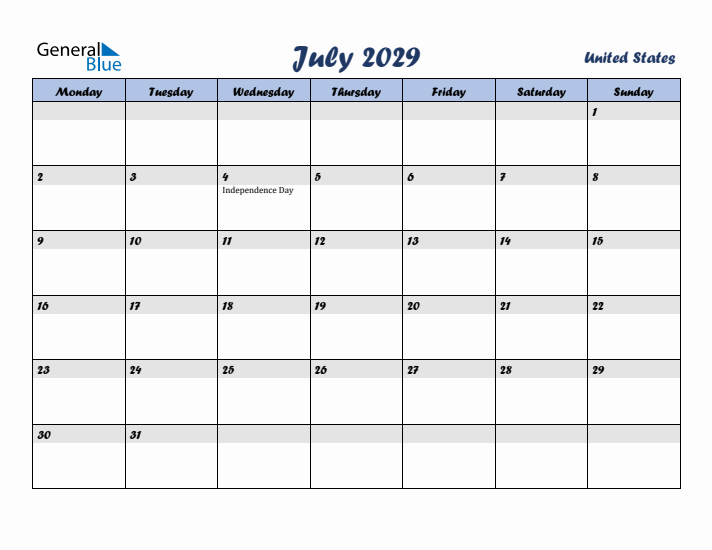 July 2029 Calendar with Holidays in United States